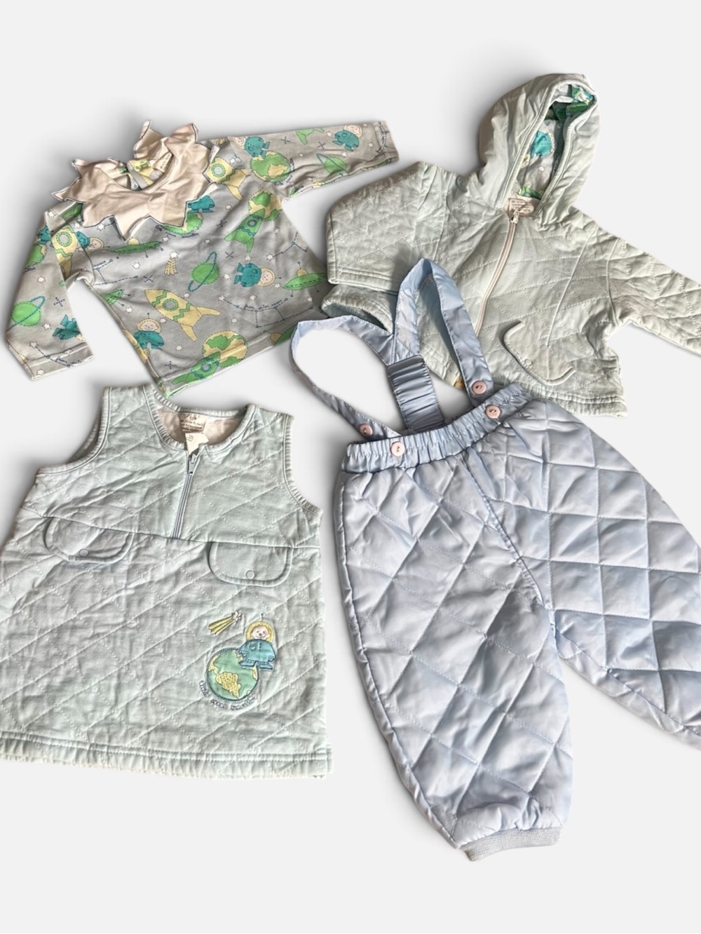 Baby Bundle: Light Blue Quilted Jacket, Vest Dress, Suspender Pants, Top Set